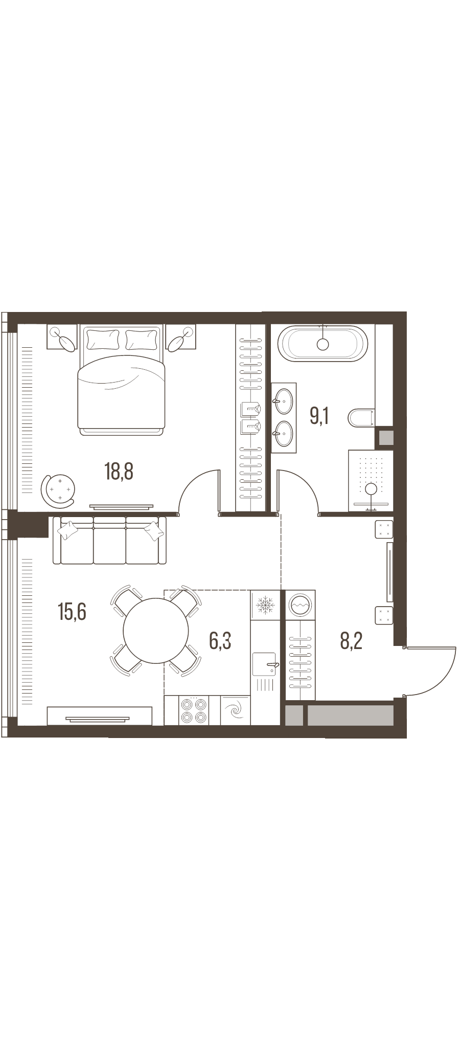 2 ккв (Евро) 58 м²