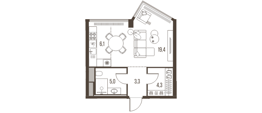 Студия 38,1 м²