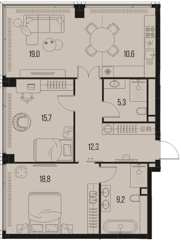 3 ккв (Евро) 90,9 м²