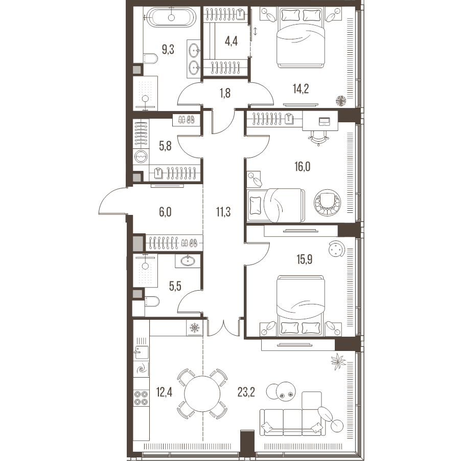 4 ккв (Евро) 125,8 м²