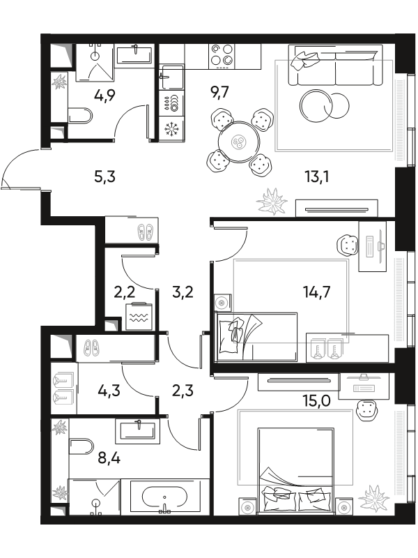 3 ккв (Евро) 83,3 м²