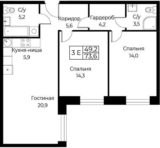 3 ккв (Евро) 73,6 м²