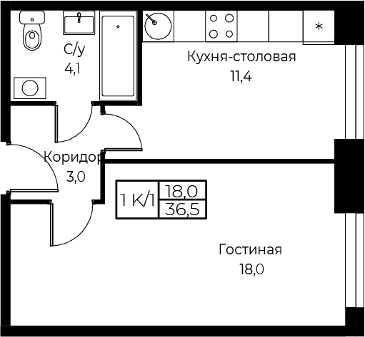 1 ккв 36,8 м²