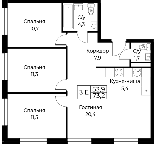 4 ккв (Евро) 73,2 м²