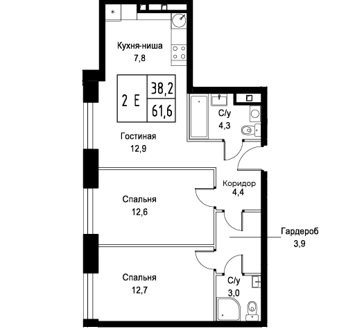 3 ккв (Евро) 61,6 м²