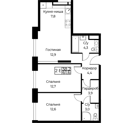 3 ккв (Евро) 61,6 м²