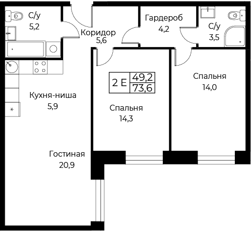 3 ккв (Евро) 73,6 м²