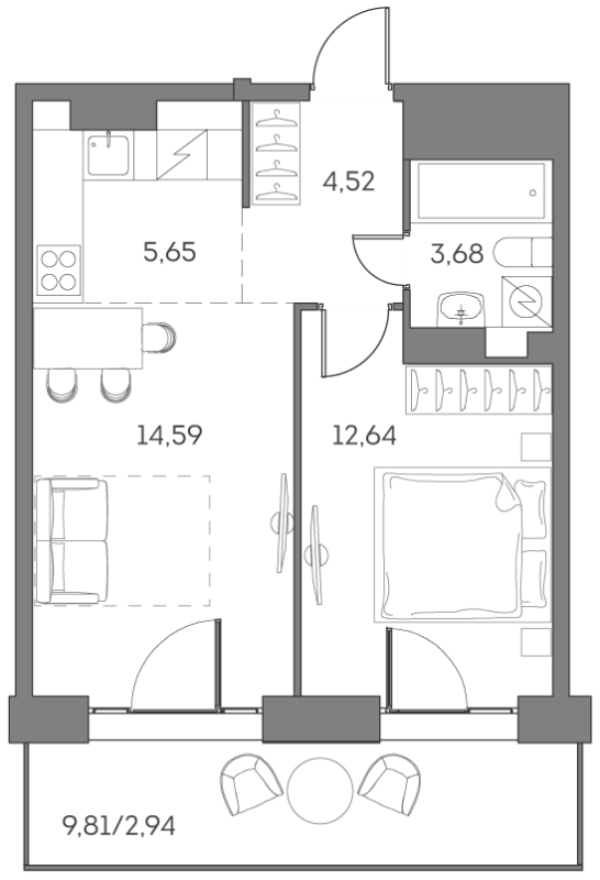 2 ккв (Евро) 44 м²