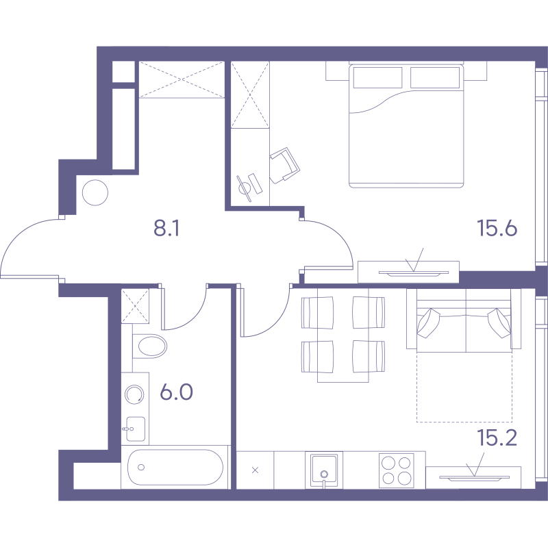 2 ккв (Евро) 44,9 м²