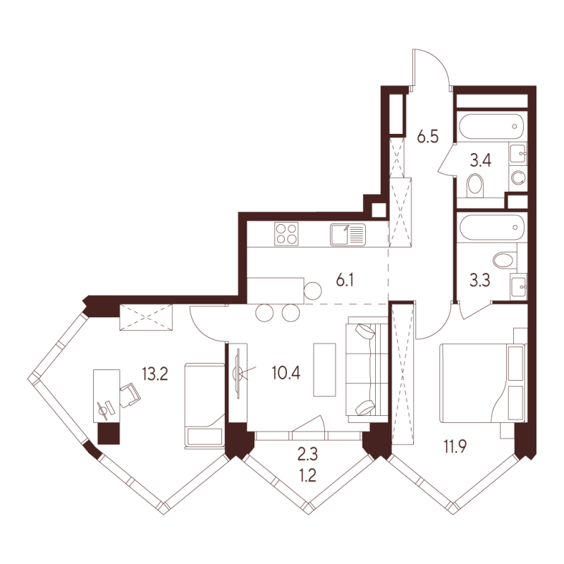 3 ккв (Евро) 56 м²