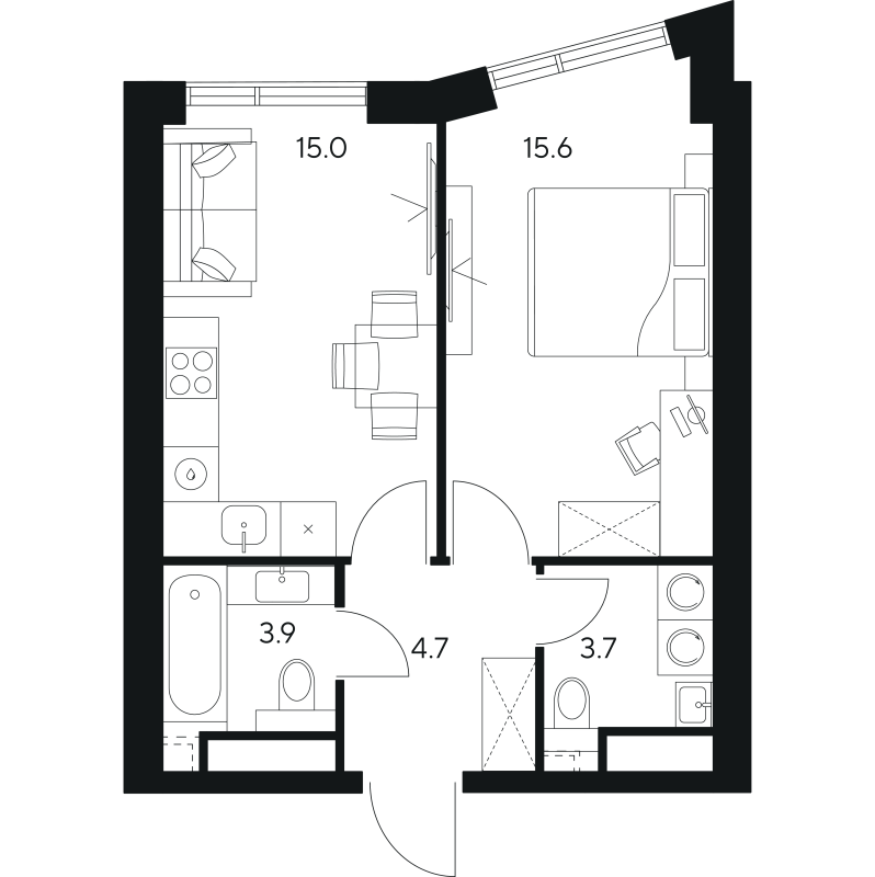 2 ккв (Евро) 42,9 м²