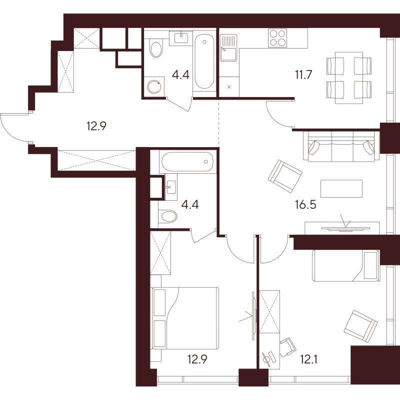 3 ккв 74,9 м²