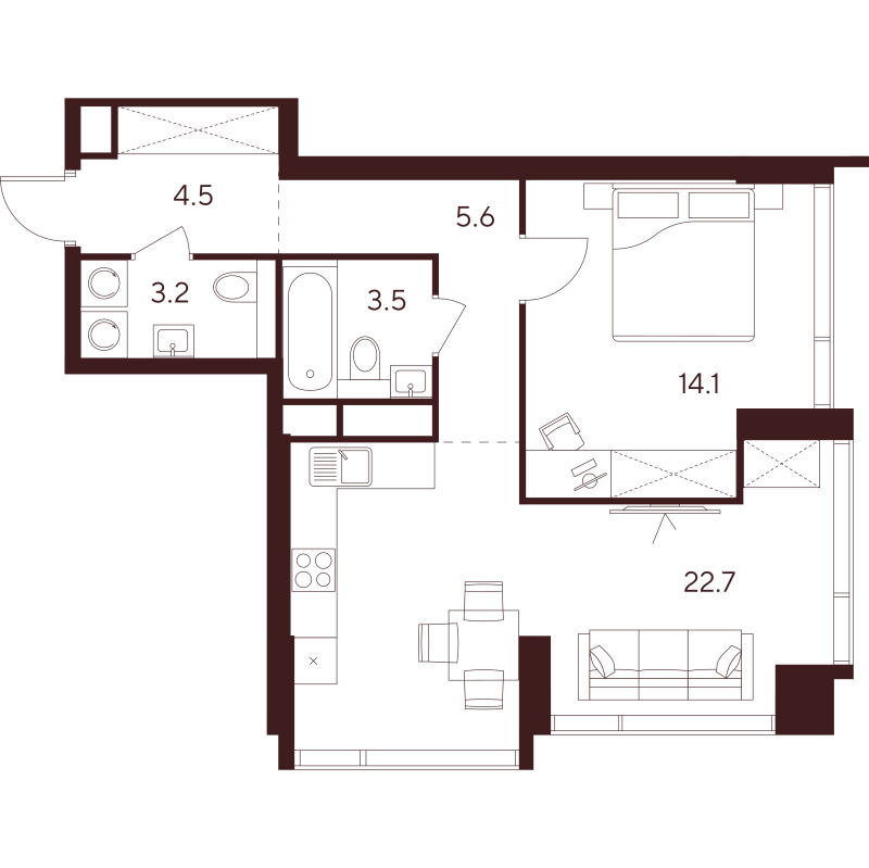 2 ккв (Евро) 53,6 м²