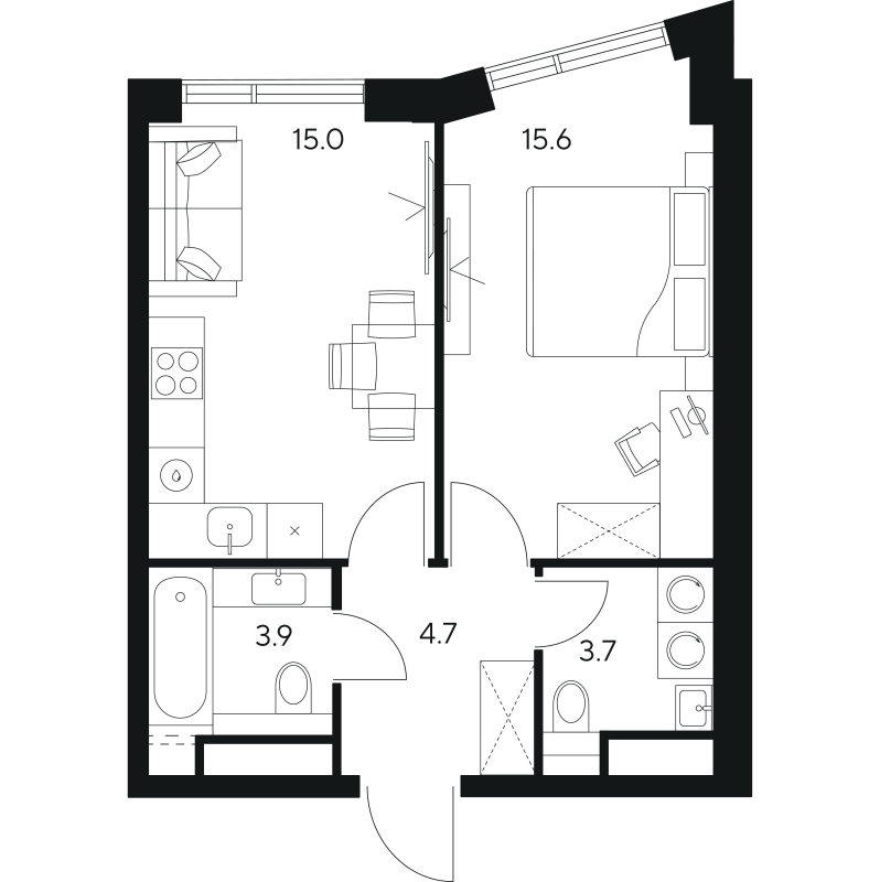 2 ккв (Евро) 42,9 м²