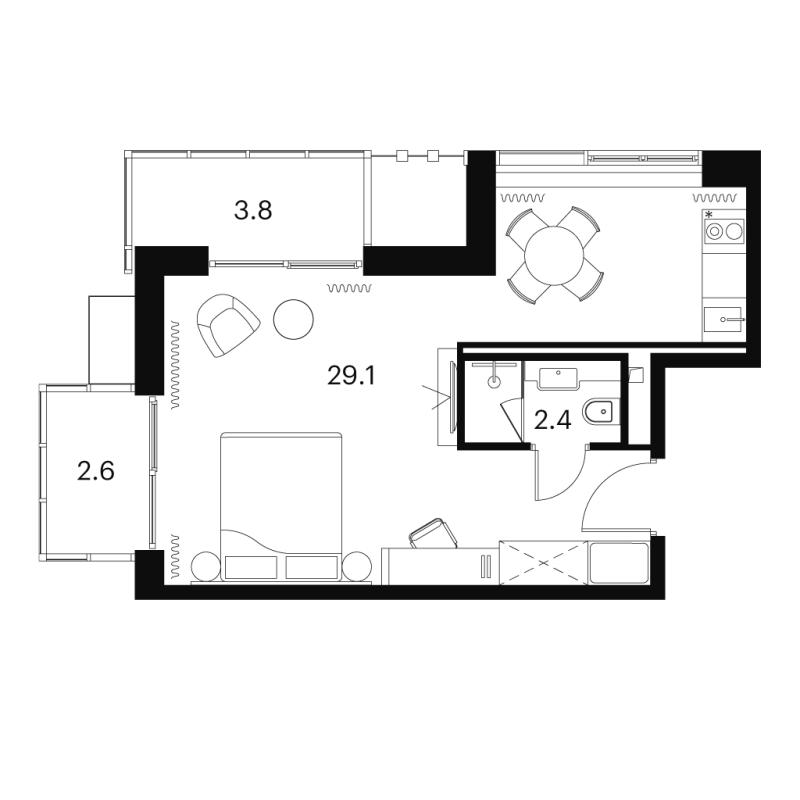 Студия 37,9 м²