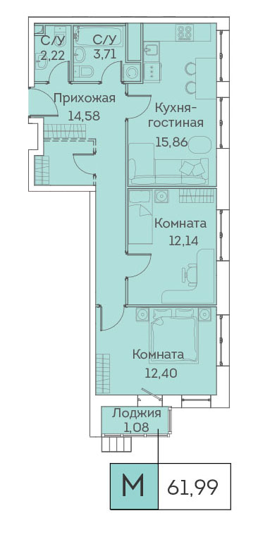3 ккв (Евро) 62 м²