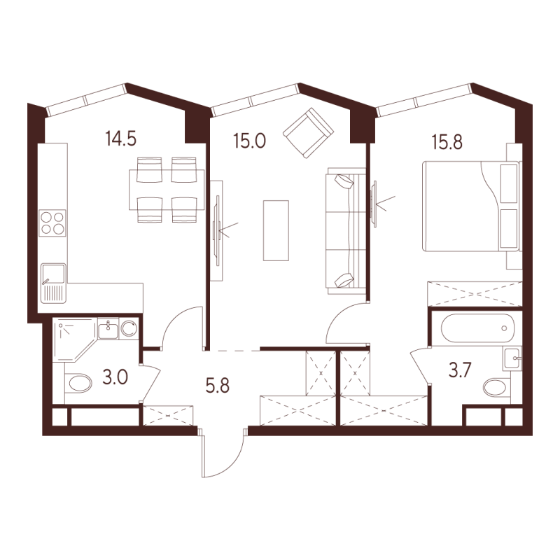 2 ккв 57,8 м²