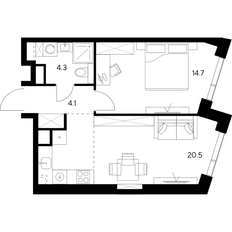 2 ккв (Евро) 43,6 м²