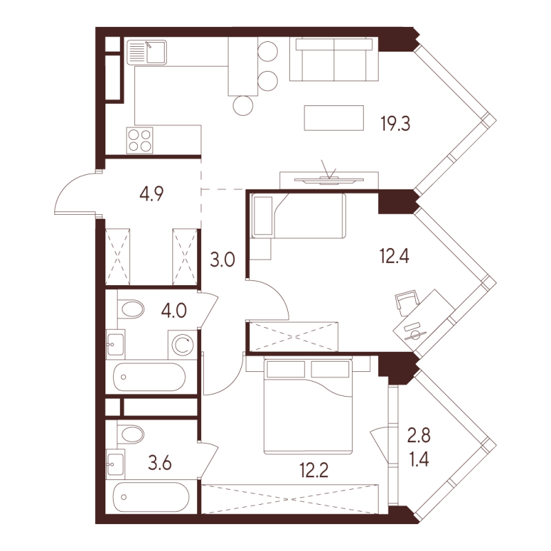 3 ккв (Евро) 60,8 м²