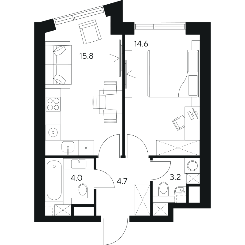 2 ккв (Евро) 42,3 м²