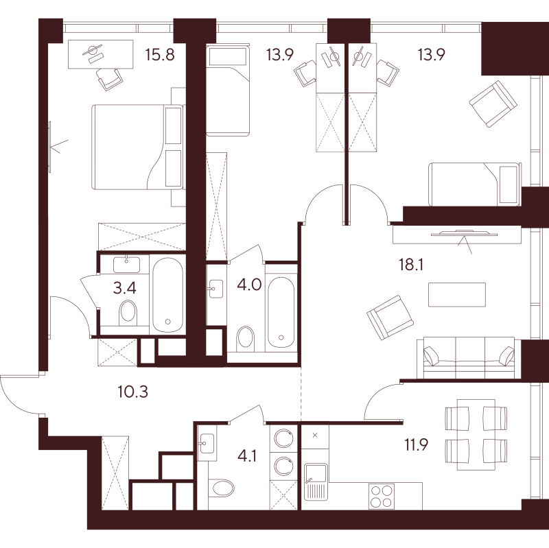 4 ккв (Евро) 95,4 м²