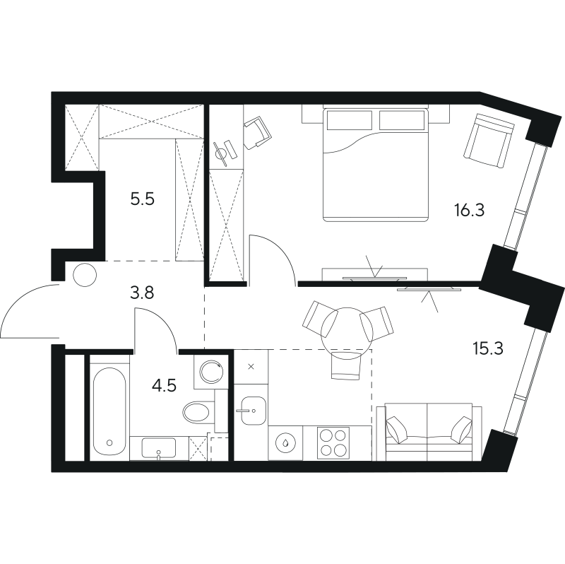 2 ккв (Евро) 45,4 м²