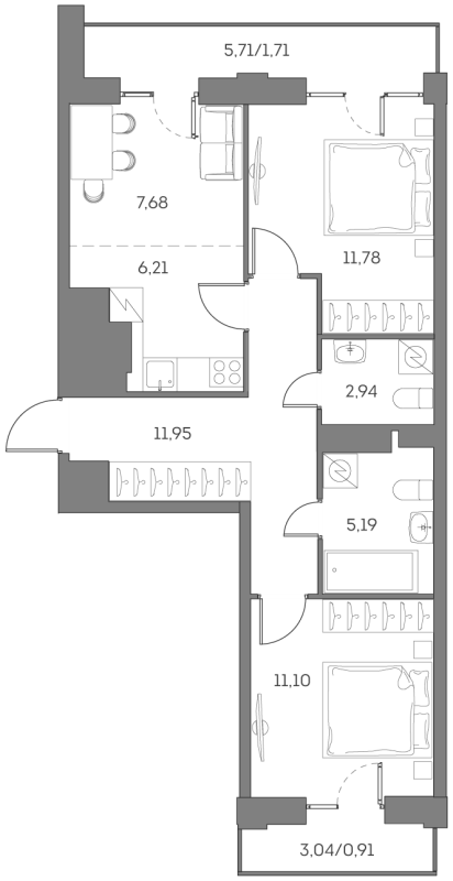 2 ккв 59,5 м²