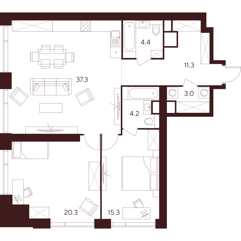 3 ккв (Евро) 95,8 м²