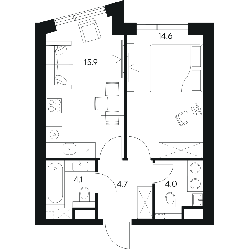 2 ккв (Евро) 43,3 м²