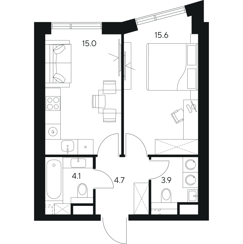 2 ккв (Евро) 43,3 м²