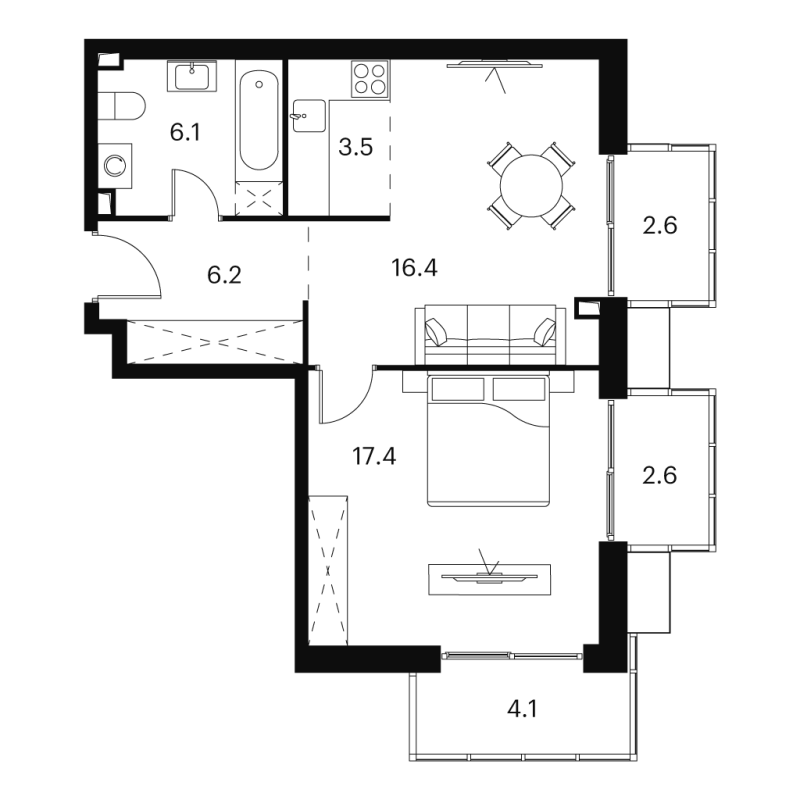 2 ккв (Евро) 58,9 м²