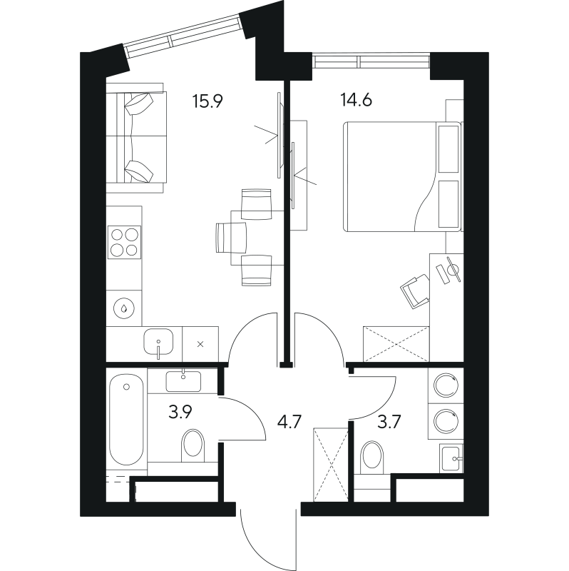 2 ккв (Евро) 42,8 м²
