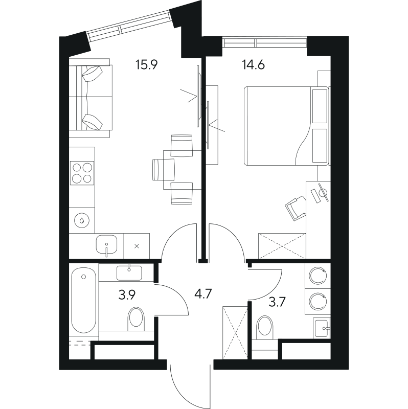 2 ккв (Евро) 42,8 м²