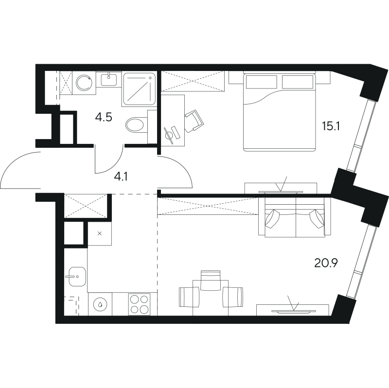 2 ккв (Евро) 44,6 м²