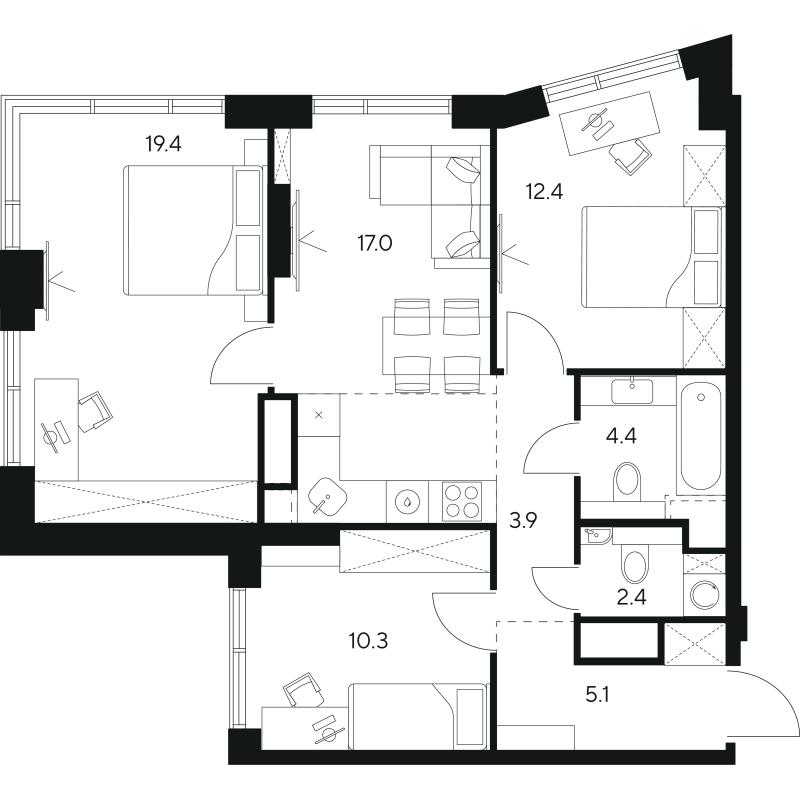 4 ккв (Евро) 74,9 м²