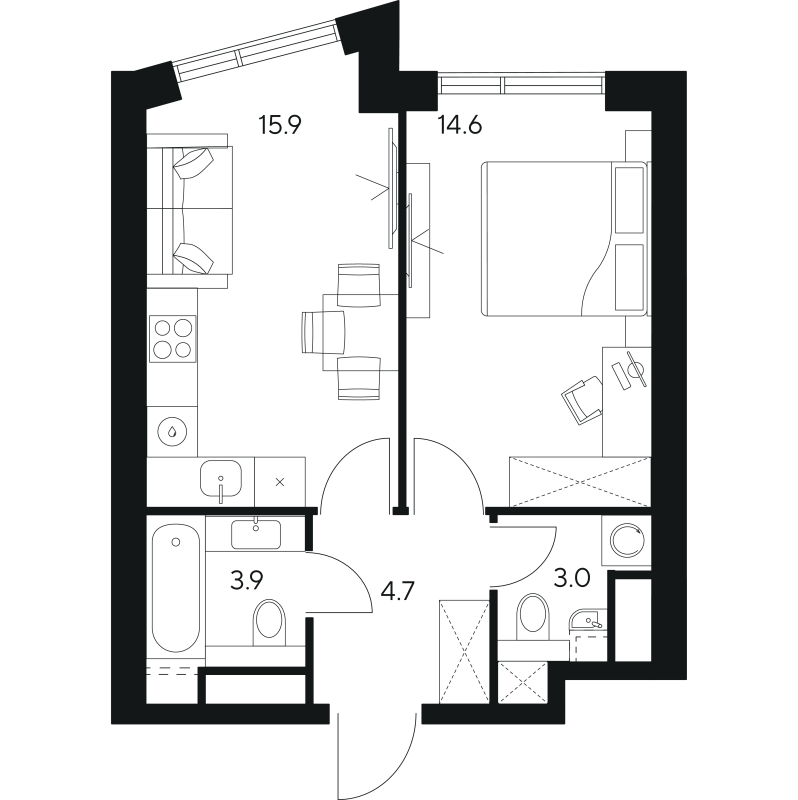 2 ккв (Евро) 42,1 м²