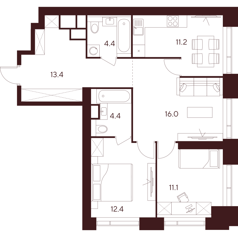 3 ккв 72,9 м²