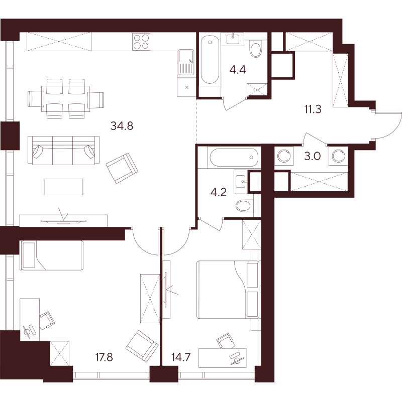 3 ккв (Евро) 90,2 м²