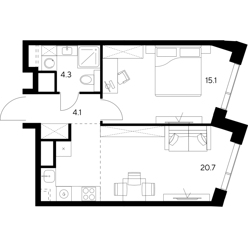 2 ккв (Евро) 44,2 м²
