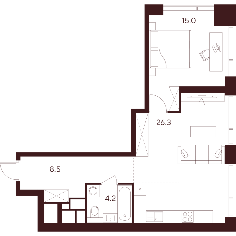 2 ккв (Евро) 54 м²