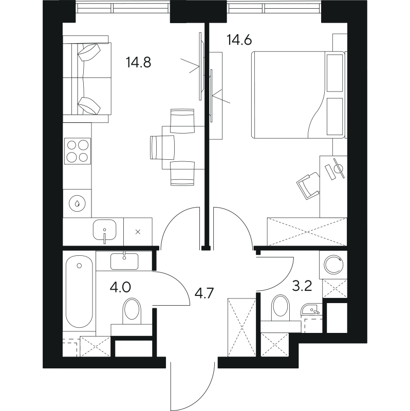2 ккв (Евро) 41,3 м²