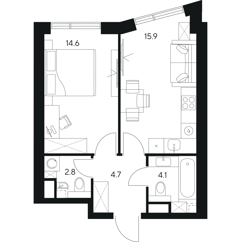 2 ккв (Евро) 42,1 м²