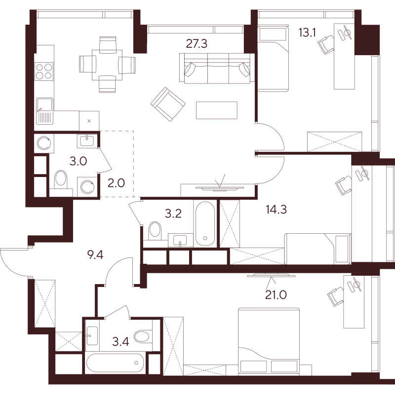 4 ккв (Евро) 96,7 м²