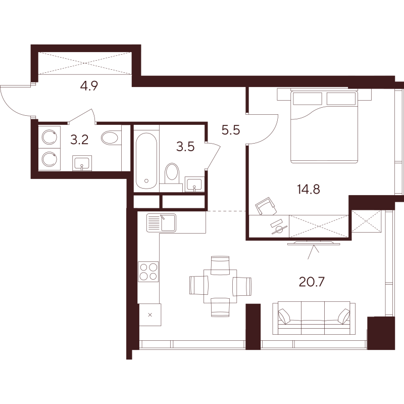 2 ккв (Евро) 52,6 м²