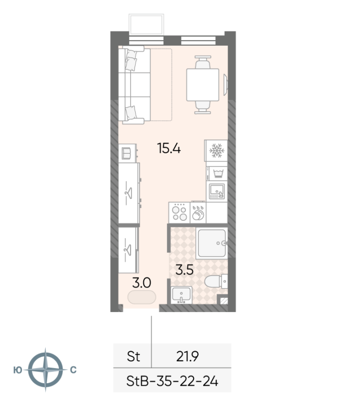 Студия 21,9 м²