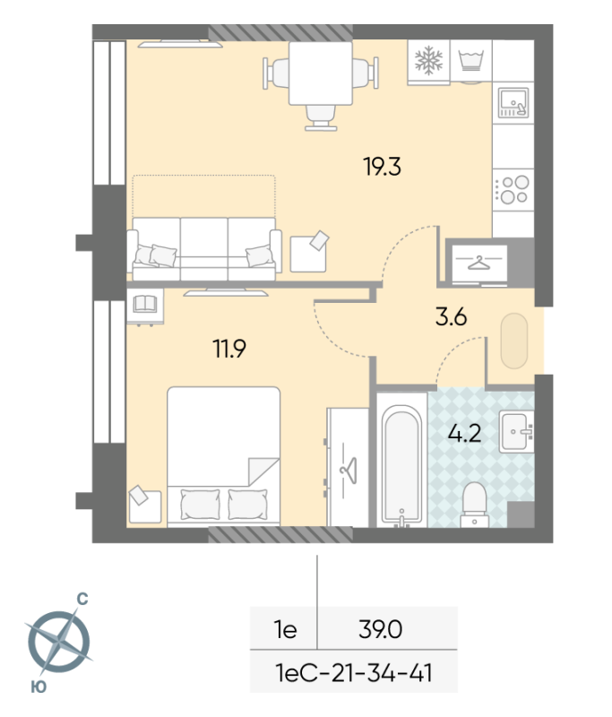 2 ккв (Евро) 39 м²