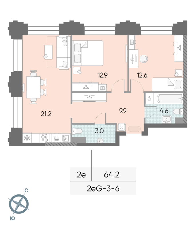 3 ккв (Евро) 64,2 м²