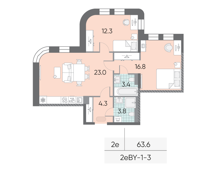 3 ккв (Евро) 63,6 м²