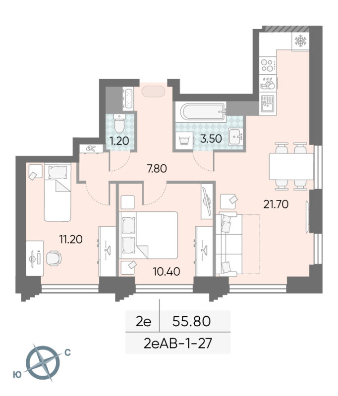3 ккв (Евро) 55,8 м²