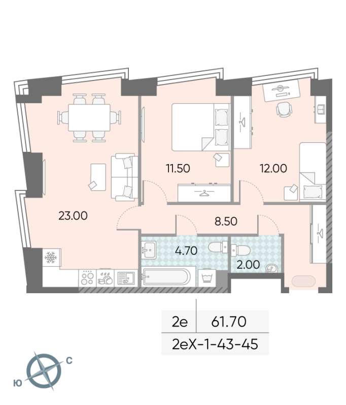 3 ккв (Евро) 61,7 м²